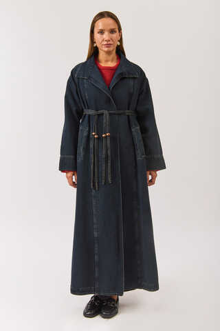 Uzun Kruvaze Denim Trençkot Koyu Mavi - 5