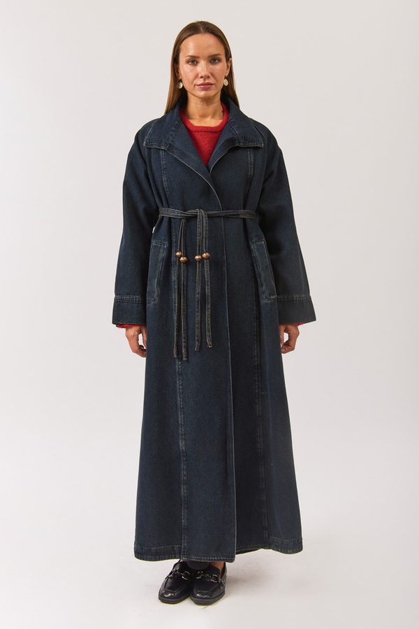 Uzun Kruvaze Denim Trençkot Koyu Mavi - 5