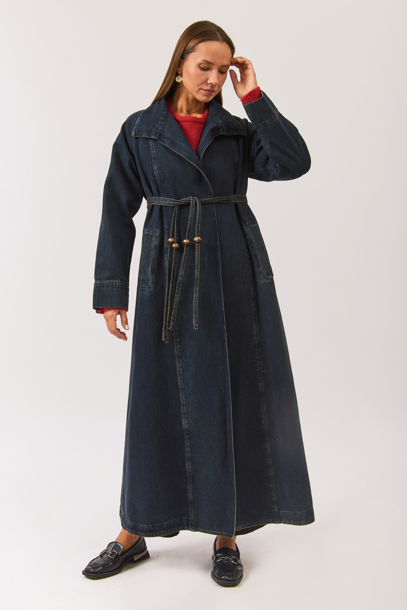 Uzun Kruvaze Denim Trençkot Koyu Mavi