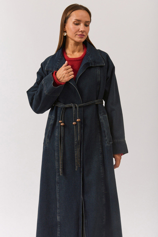 Uzun Kruvaze Denim Trençkot Koyu Mavi - 8