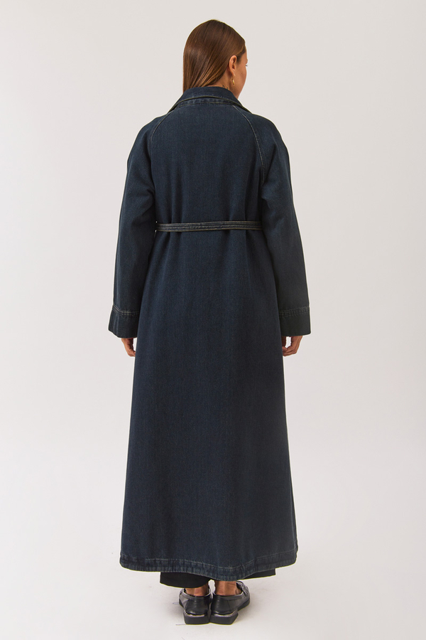 Uzun Kruvaze Denim Trençkot Koyu Mavi - 9