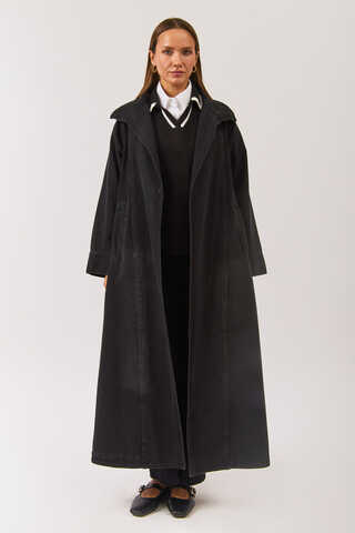 Uzun Kruvaze Denim Trençkot Siyah - 1