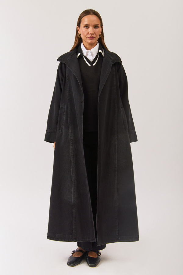 Uzun Kruvaze Denim Trençkot Siyah - 1