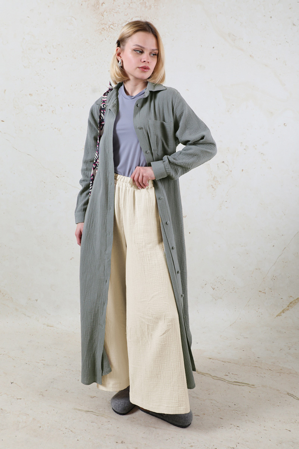 Uzun Muslin Gömlek Takım Antrasit - 2