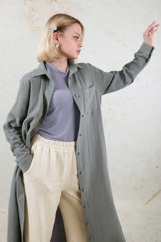 Uzun Muslin Gömlek Takım Antrasit - 3