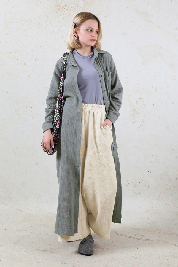 Uzun Muslin Gömlek Takım Antrasit - 1