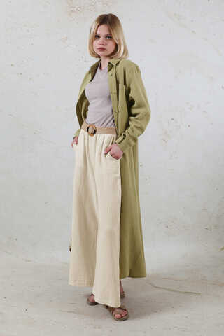 Uzun Muslin Gömlek Takım Haki - 1