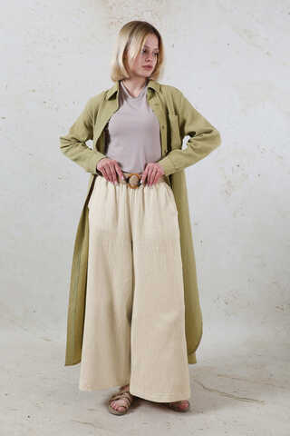 Uzun Muslin Gömlek Takım Haki - 2