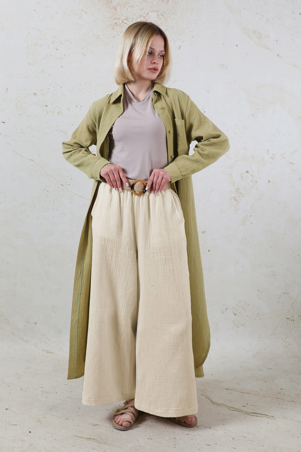Uzun Muslin Gömlek Takım Haki - 2