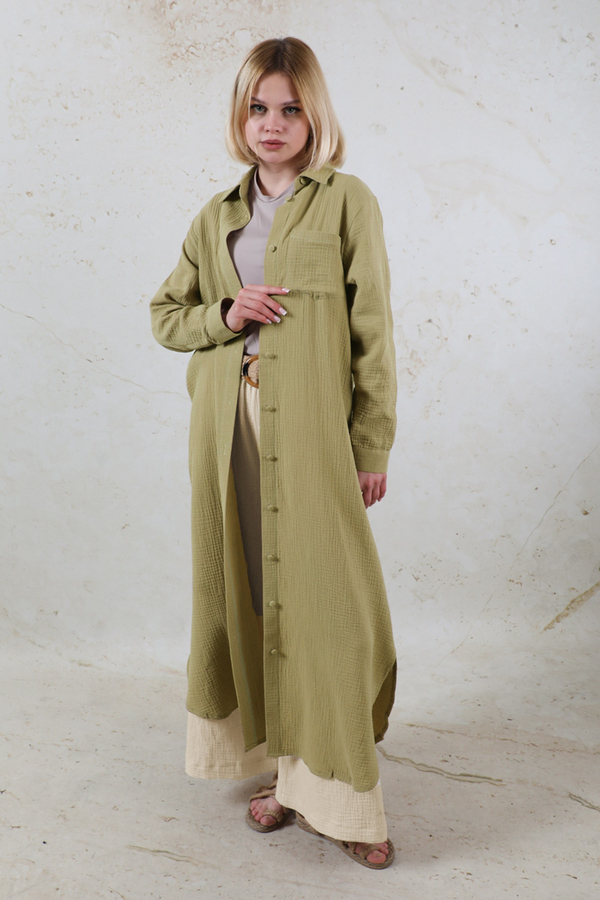 Uzun Muslin Gömlek Takım Haki - 4