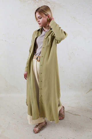 Uzun Muslin Gömlek Takım Haki - 5