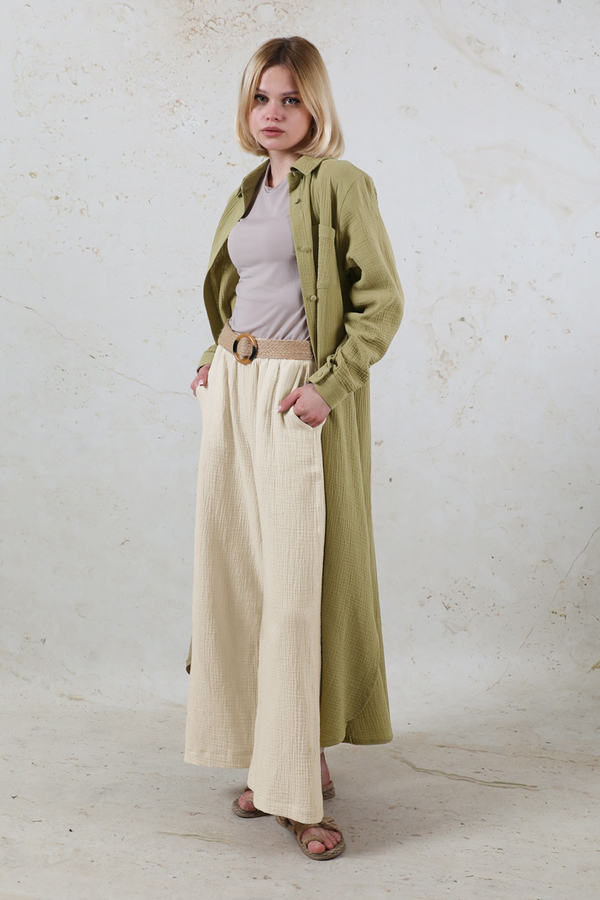 Uzun Muslin Gömlek Takım Haki - 1
