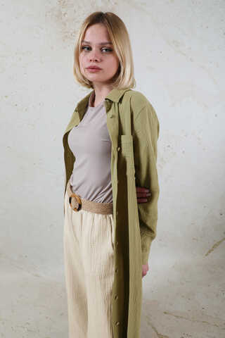 Uzun Muslin Gömlek Takım Haki - 3