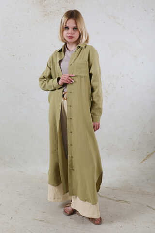 Uzun Muslin Gömlek Takım Haki - 4