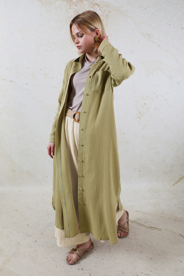 Uzun Muslin Gömlek Takım Haki - 5