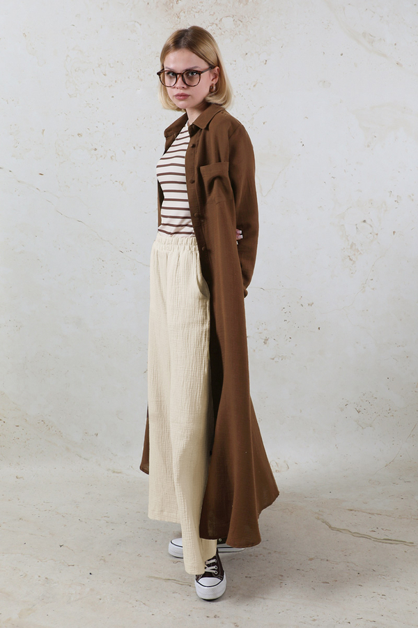 Uzun Muslin Gömlek Takım Kahverengi - 2