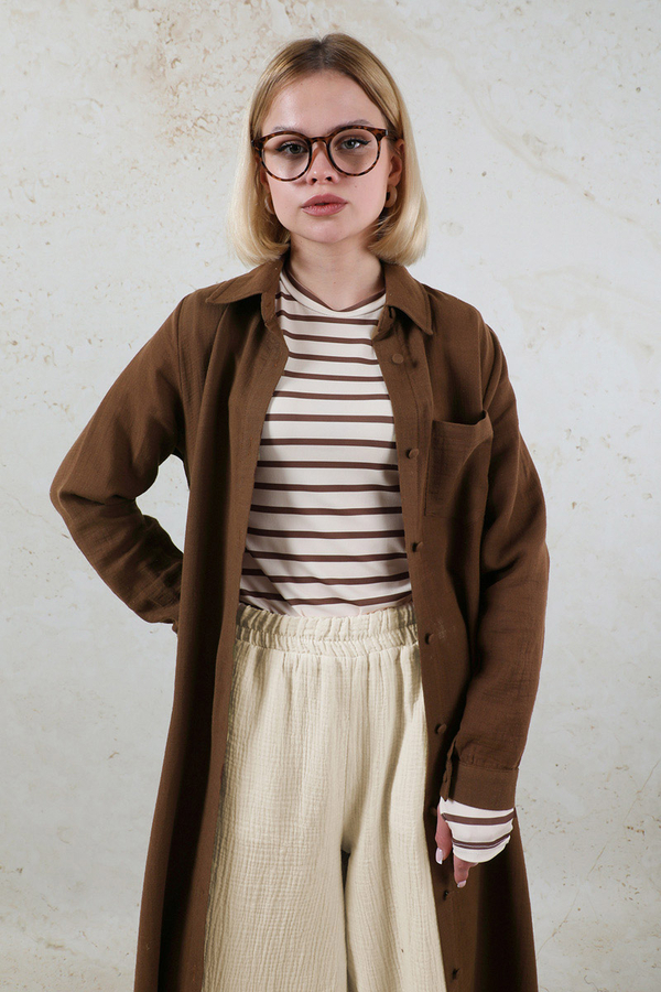 Uzun Muslin Gömlek Takım Kahverengi - 1