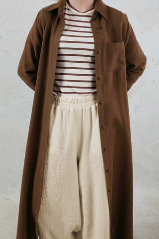 Uzun Muslin Gömlek Takım Kahverengi - 3
