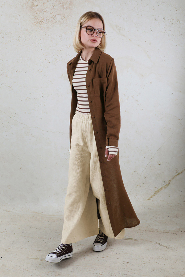 Uzun Muslin Gömlek Takım Kahverengi - 4