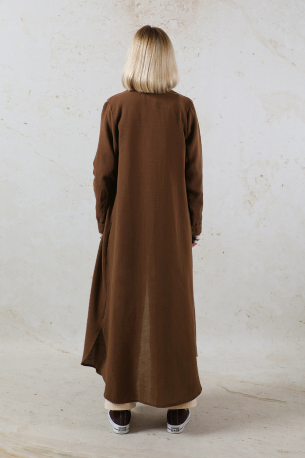 Uzun Muslin Gömlek Takım Kahverengi - 5