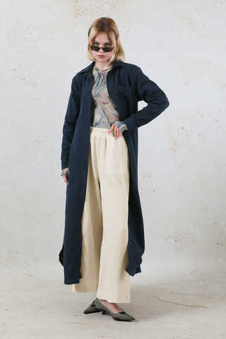 Uzun Muslin Gömlek Takım Lacivert - 1