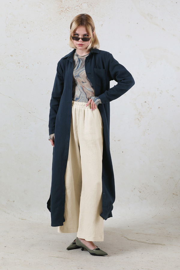 Uzun Muslin Gömlek Takım Lacivert - 1