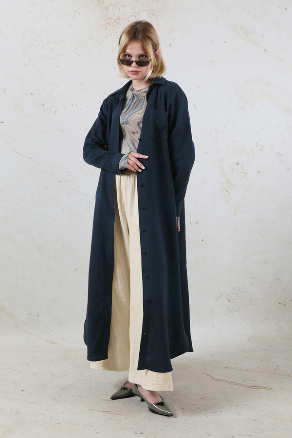 Uzun Muslin Gömlek Takım Lacivert - 2