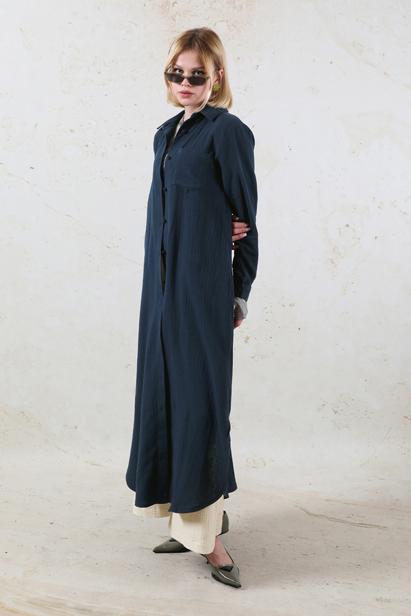 Uzun Muslin Gömlek Takım Lacivert - 3