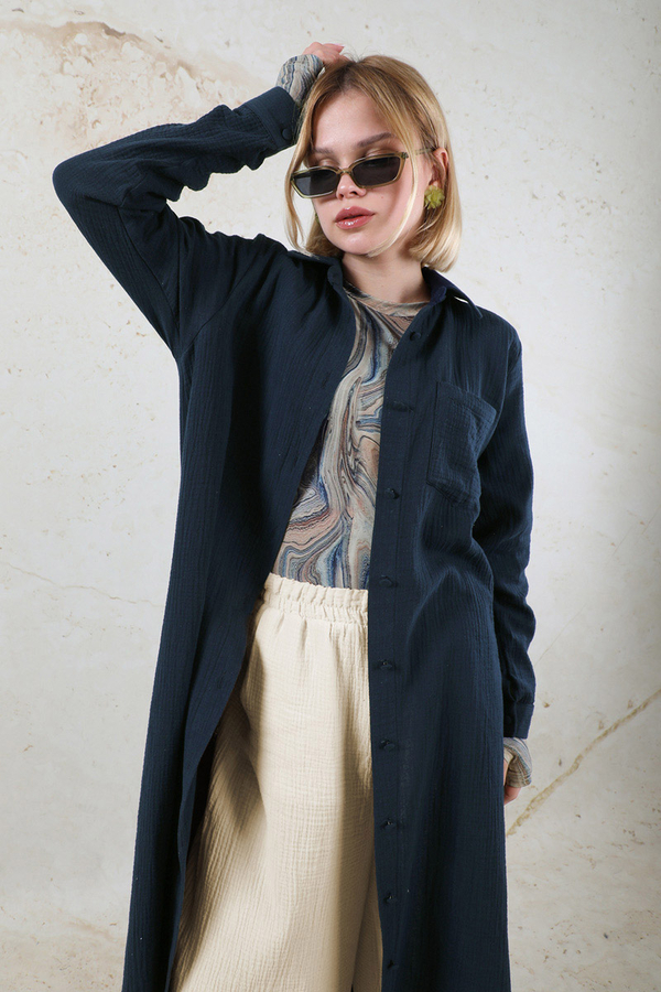 Uzun Muslin Gömlek Takım Lacivert - 4