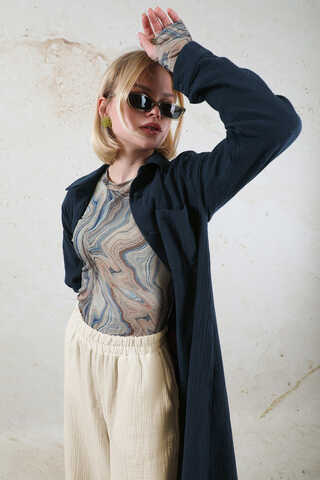 Uzun Muslin Gömlek Takım Lacivert - 5