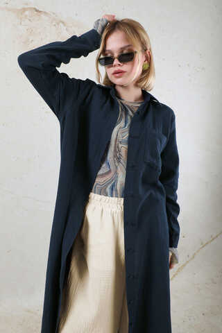 Uzun Muslin Gömlek Takım Lacivert - 4