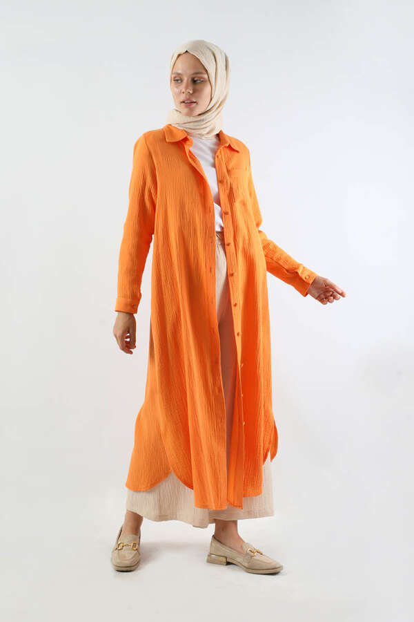 Uzun Muslin Gömlek Takım Oranj 