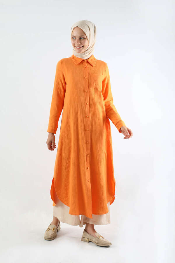 Uzun Muslin Gömlek Takım Oranj - 4