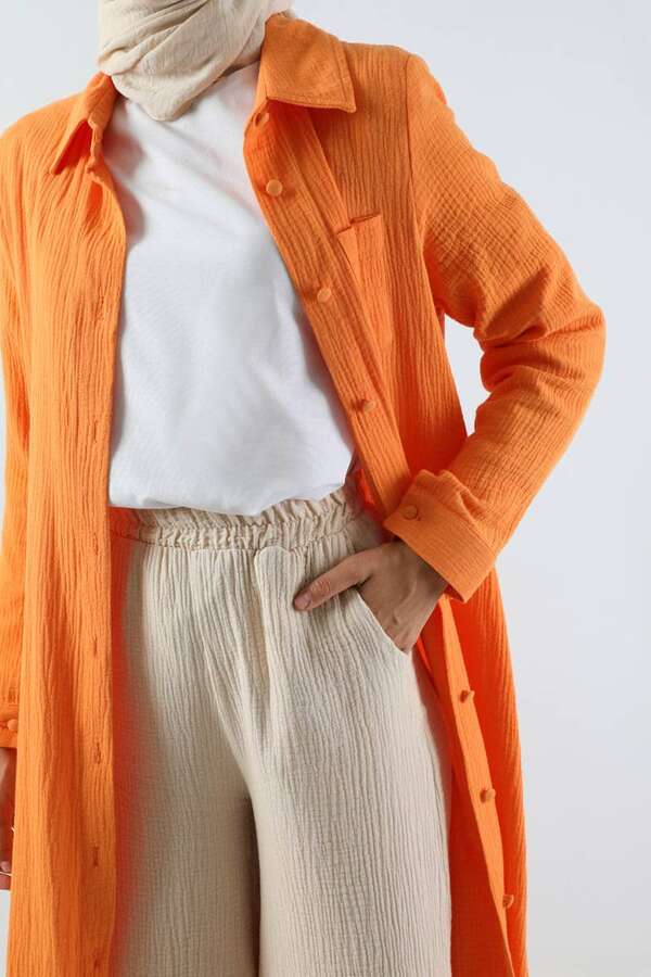 Uzun Muslin Gömlek Takım Oranj - 3