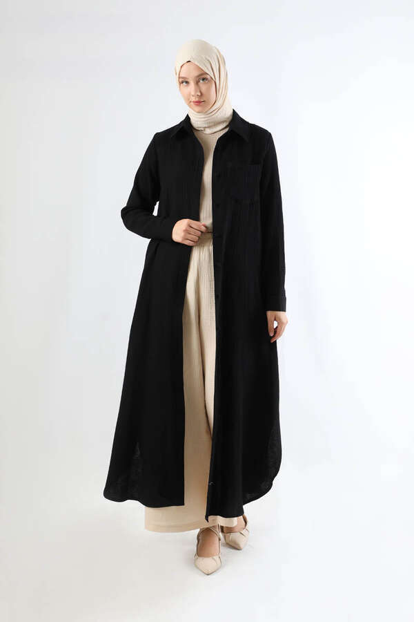 Uzun Muslin Gömlek Takım Siyah - 1