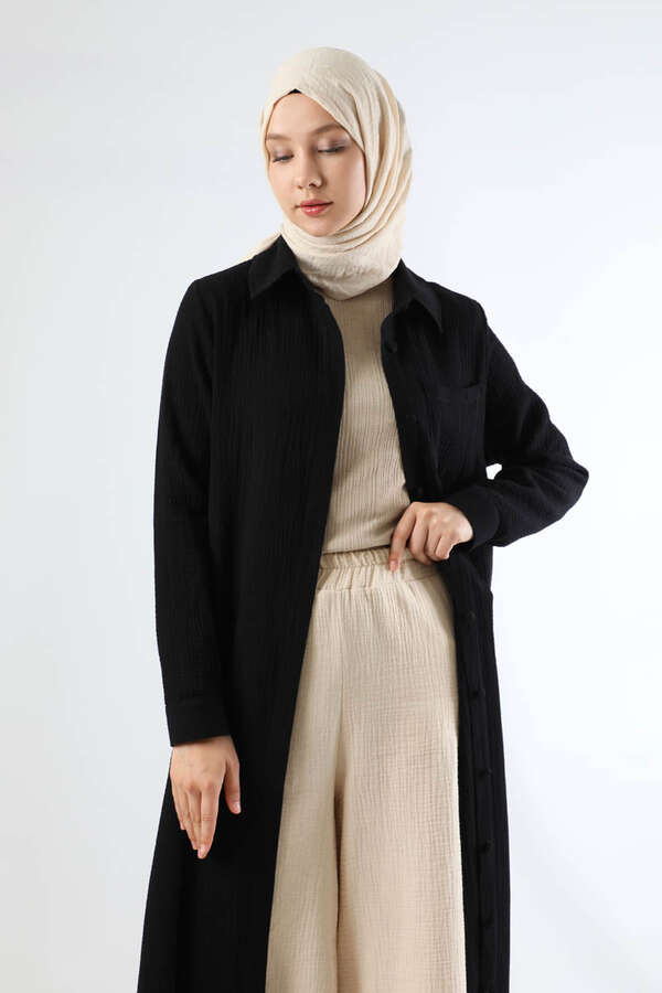 Uzun Muslin Gömlek Takım Siyah - 2