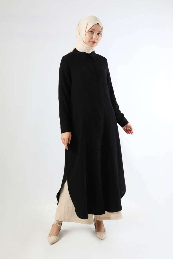 Uzun Muslin Gömlek Takım Siyah - 3