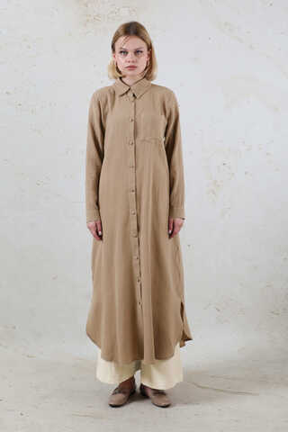 Uzun Muslin Gömlek Takım Vizon - 1