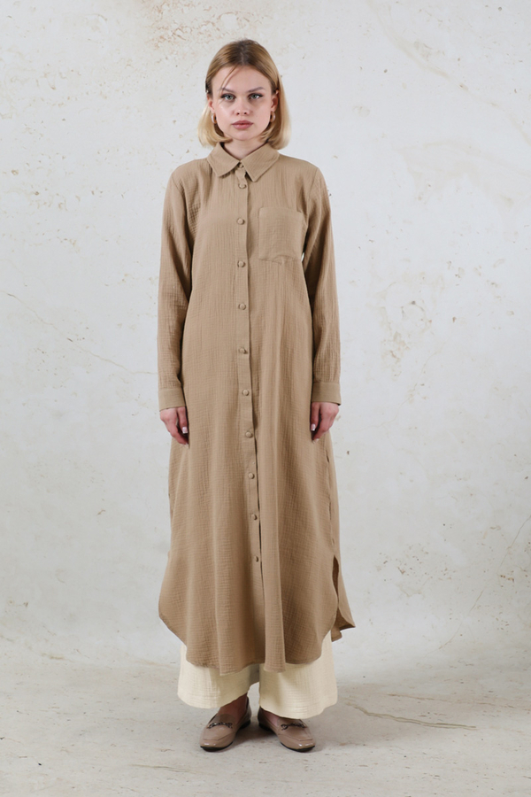 Uzun Muslin Gömlek Takım Vizon - 1