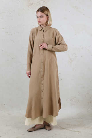 Uzun Muslin Gömlek Takım Vizon - 2