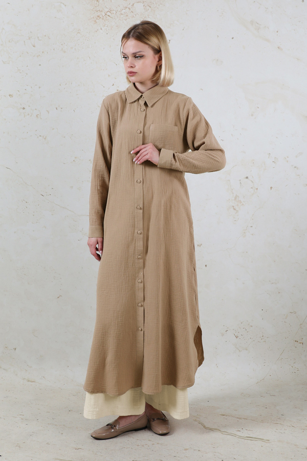 Uzun Muslin Gömlek Takım Vizon - 2