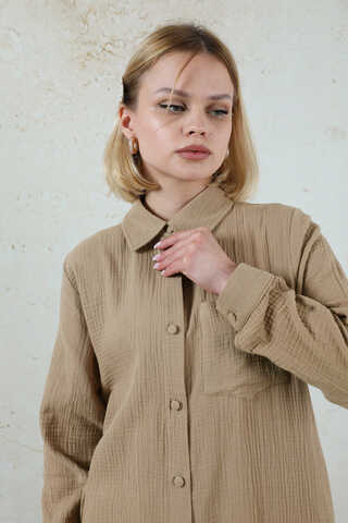 Uzun Muslin Gömlek Takım Vizon - 4