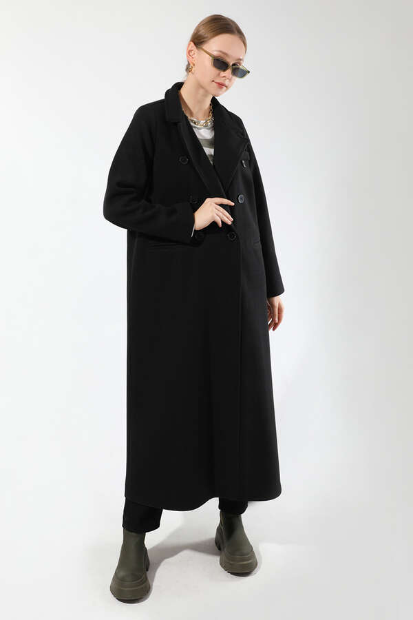 Uzun Oversize Kaşe Kaban Siyah - 5