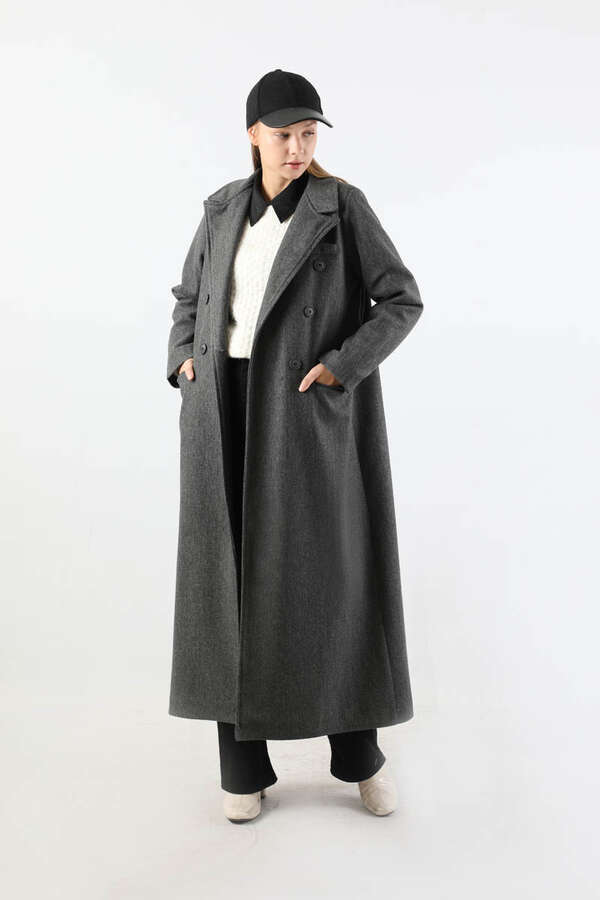 Uzun Oversize Kaşe Kaban Antrasit - 4
