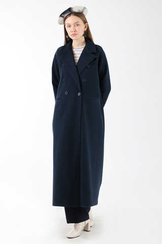 Uzun Oversize Kaşe Kaban Lacivert - 5