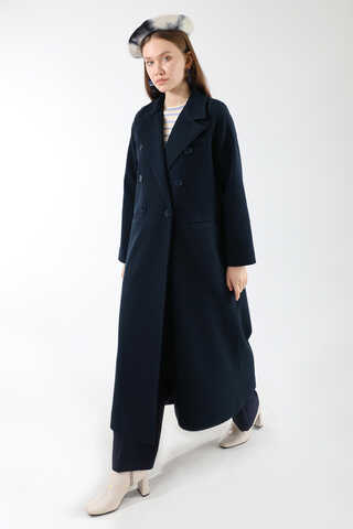 Uzun Oversize Kaşe Kaban Lacivert - 1