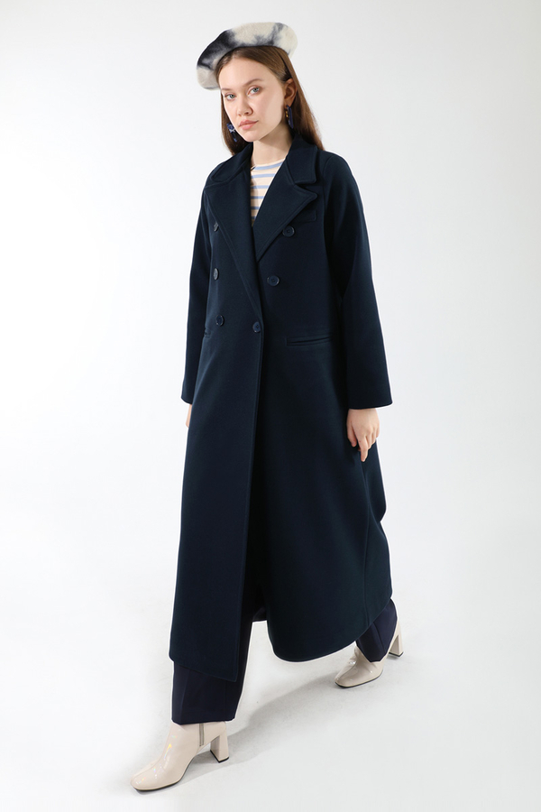 Uzun Oversize Kaşe Kaban Lacivert - 1