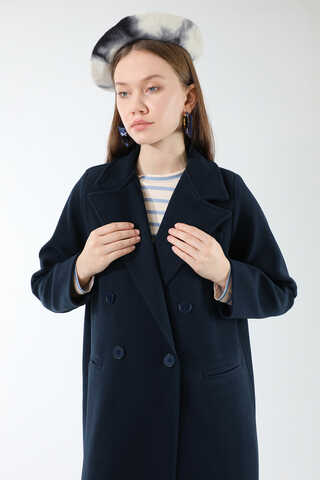 Uzun Oversize Kaşe Kaban Lacivert - 2