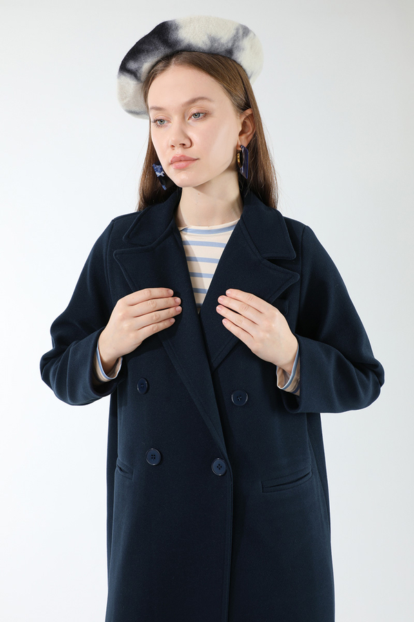 Uzun Oversize Kaşe Kaban Lacivert - 2