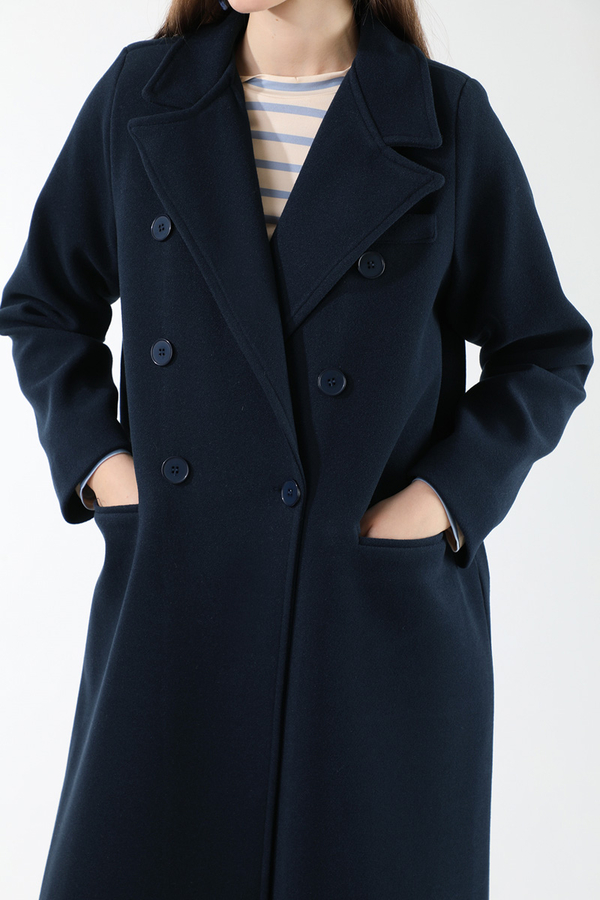 Uzun Oversize Kaşe Kaban Lacivert - 4